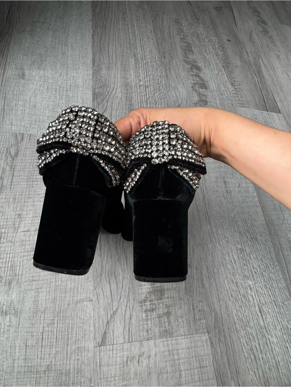 Tory Burch Black Velvet Block Heel Pumps with Crystal Embellishment